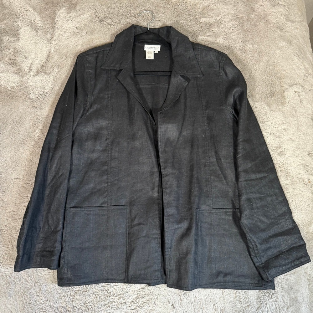 Coldwater Creek‎ 100 Linen Blazer Jacket Pockets Open Front Black Size L Career